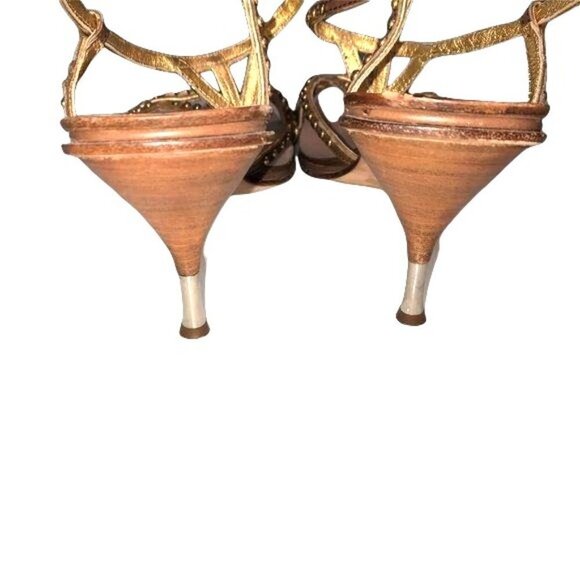 Prada Sandals Womens Size 8.5 Gold Studded Square Toe Brown Buckle Stiletto - Picture 5 of 9